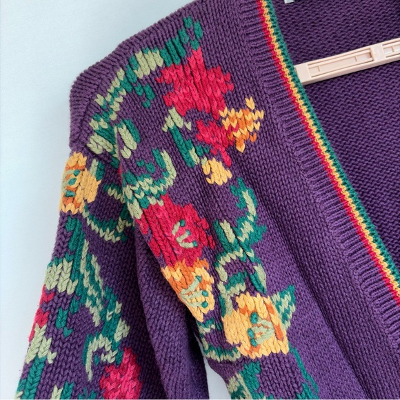 Vtg Robert Scott Women M Cardigan Knit Sweater Purple Floral Grandmacore Cottage - Picture 8 of 14